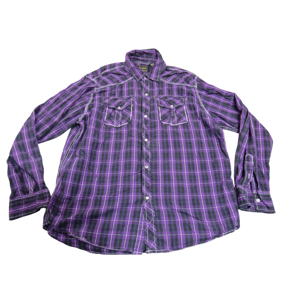 Red Snap Mens XXL Western Shirt Purple Black Plaid Pearl Snap Long Sleeve Cotton